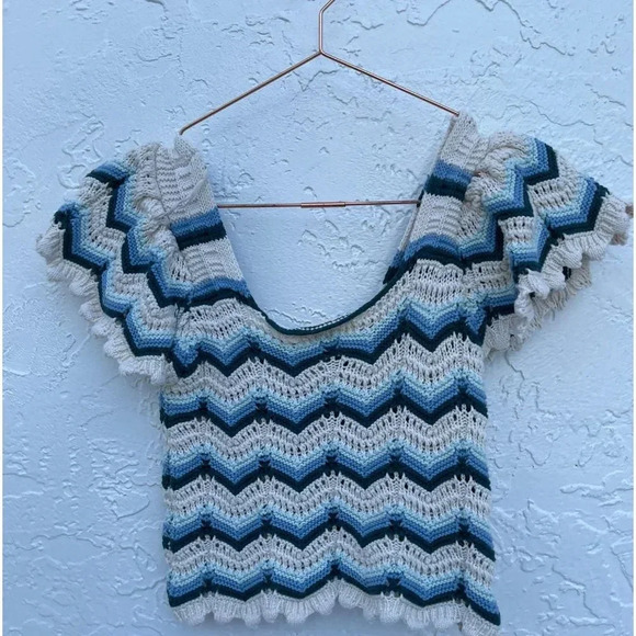 Altar'd State Womens Fashion Wave Stripe Print Crochet Top Blue Sz Small - Picture 7 of 9